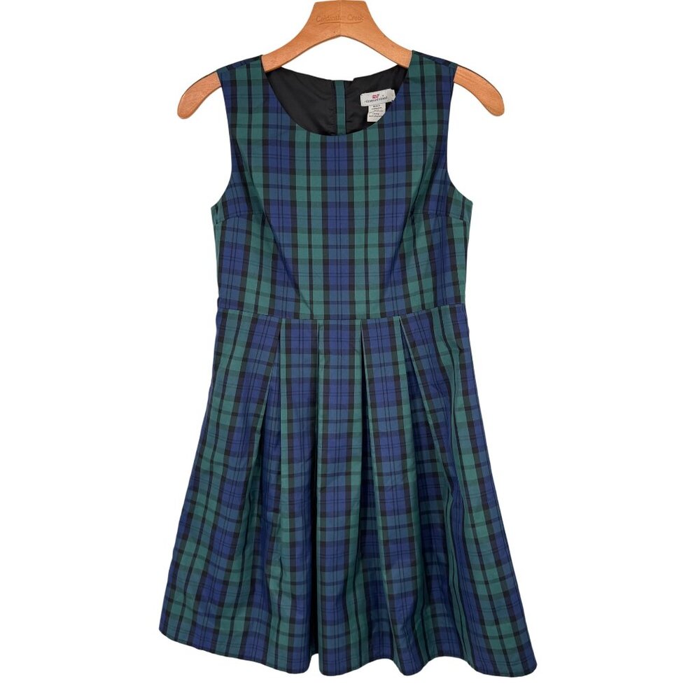 Vineyard Vines girls Sleeveless satin Plaid Dress Green Blue Size 14 holiday new